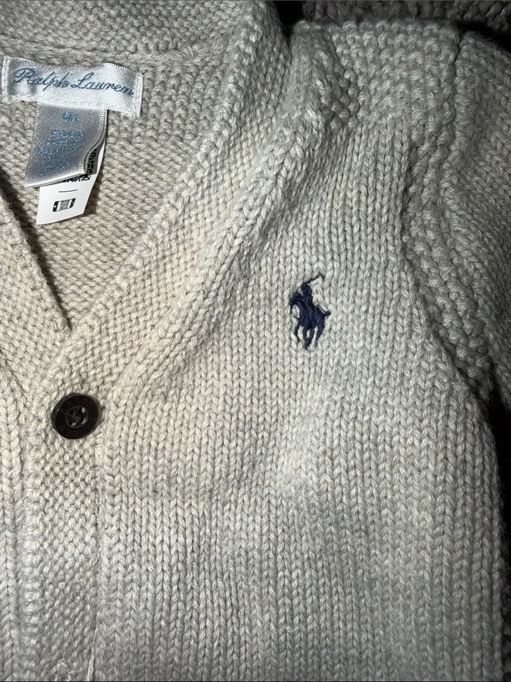 Ralph Lauren Shawl Collar Baby Cardigan - Light Gray with Navy Logo